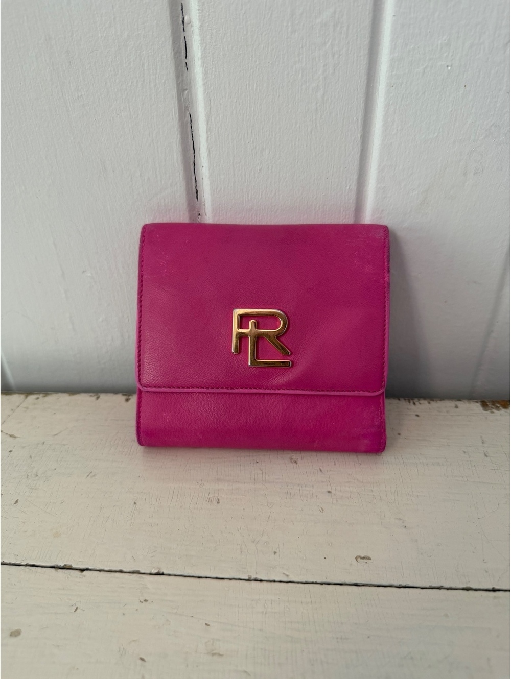 Pink Leather Ralph Lauren Wallet with Gold RL Logo